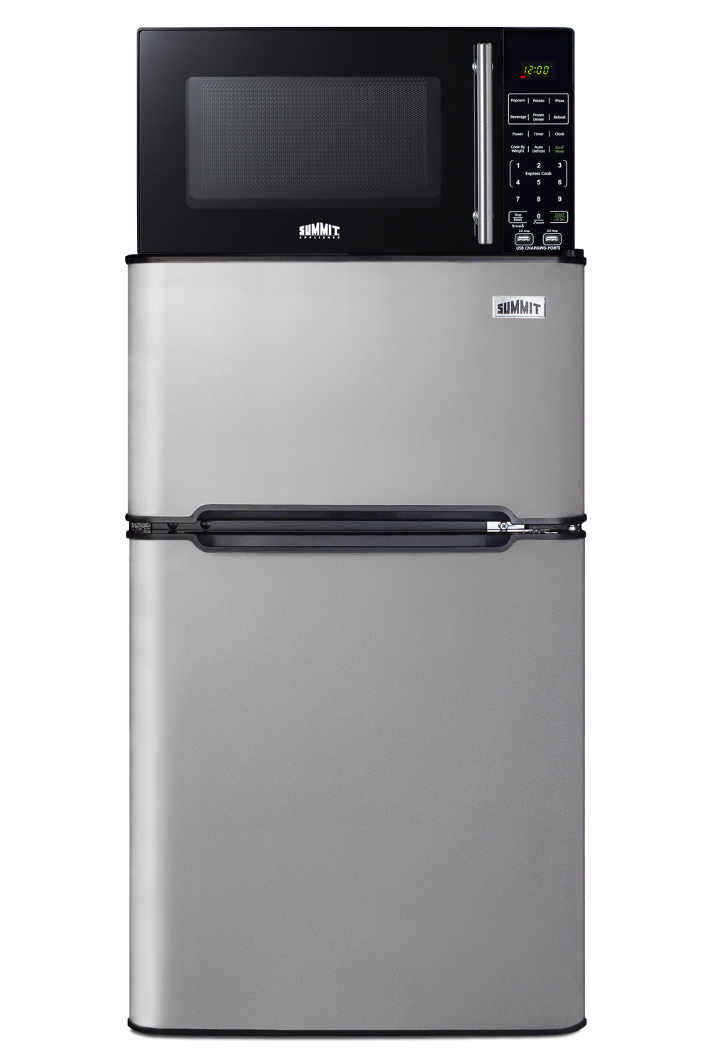 2-door refrigerator-freezer in stainless steel and compact microwave in black with allocator and USB ports for 1-plug operation; ships in three boxes on one pallet